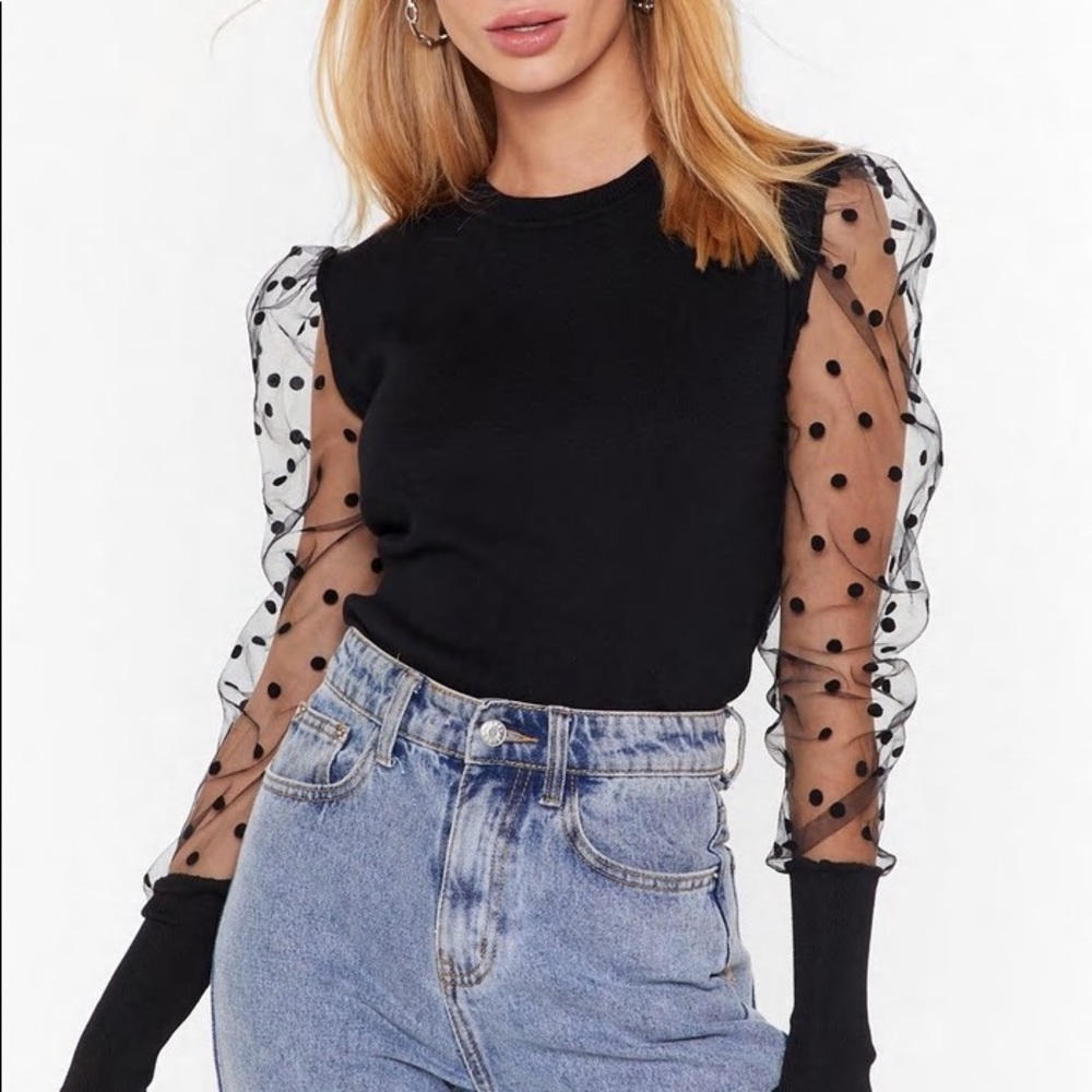 NastyGal Medium Black Top with Polka Dot Mesh Long Sleeves